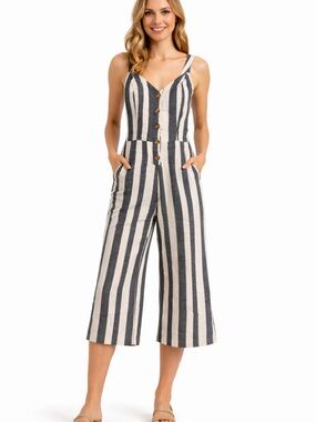 Japna Navy and White Striped Button-Front Wide-Leg Jumpsuit